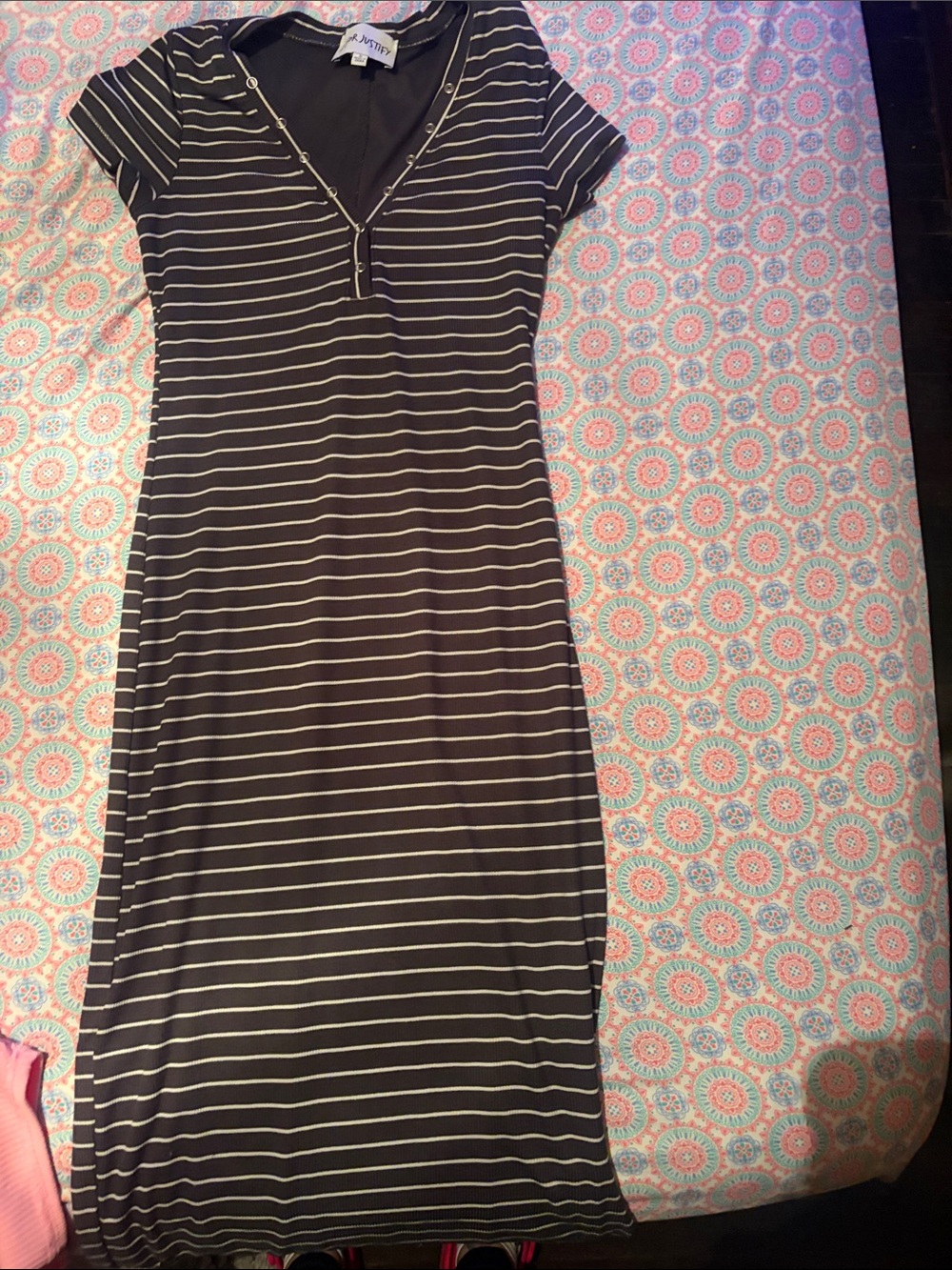J for Justify Black & White Striped V-Neck Midi Dress
